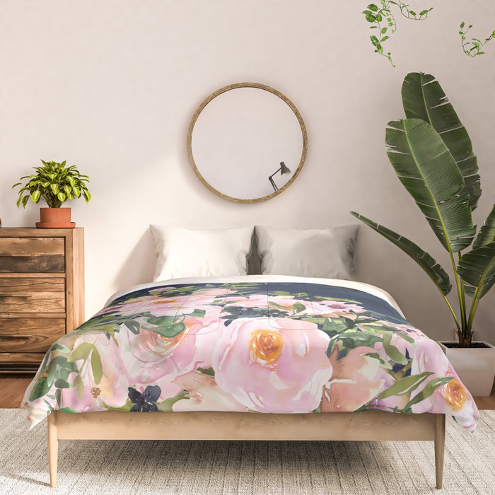 Floral Watercolor, Roses, Navy Blue and Pink, Vintage Art Comforter Gallery Image 3
