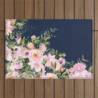 Floral Watercolor, Roses, Navy Blue and Pink, Vintage Art Outdoor Rug Gallery Image 1