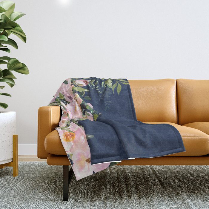 Floral Watercolor, Roses, Navy Blue and Pink, Vintage Art Throw Blanket Gallery Image 1