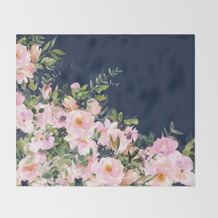 Floral Watercolor, Roses, Navy Blue and Pink, Vintage Art Throw Blanket Gallery Image 2