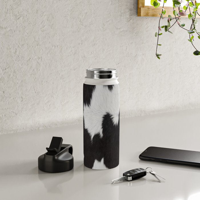 Black Cowhide, Cow Skin Print Pattern, Modern Cowhide Faux Leather Water Bottle Gallery Image 4
