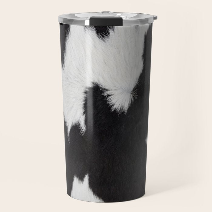Black Cowhide, Cow Skin Print Pattern, Modern Cowhide Faux Leather Travel Mug Gallery Image 1