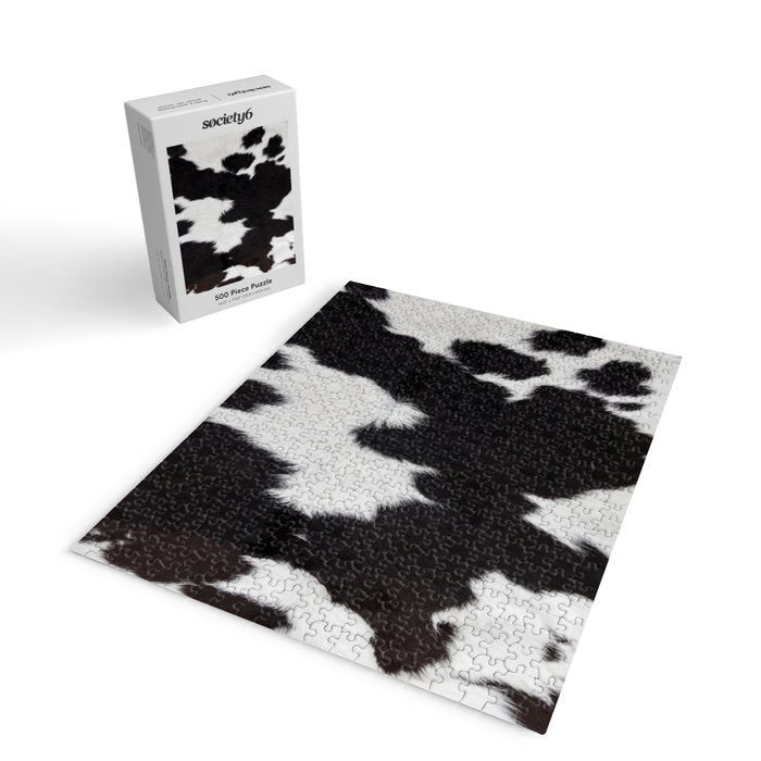 Black Cowhide, Cow Skin Print Pattern, Modern Cowhide Faux Leather Jigsaw Puzzle Gallery Image 2