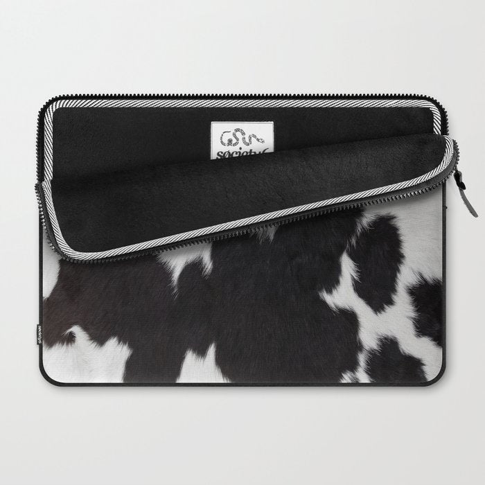 Black Cowhide, Cow Skin Print Pattern, Modern Cowhide Faux Leather Laptop Sleeve Gallery Image 2