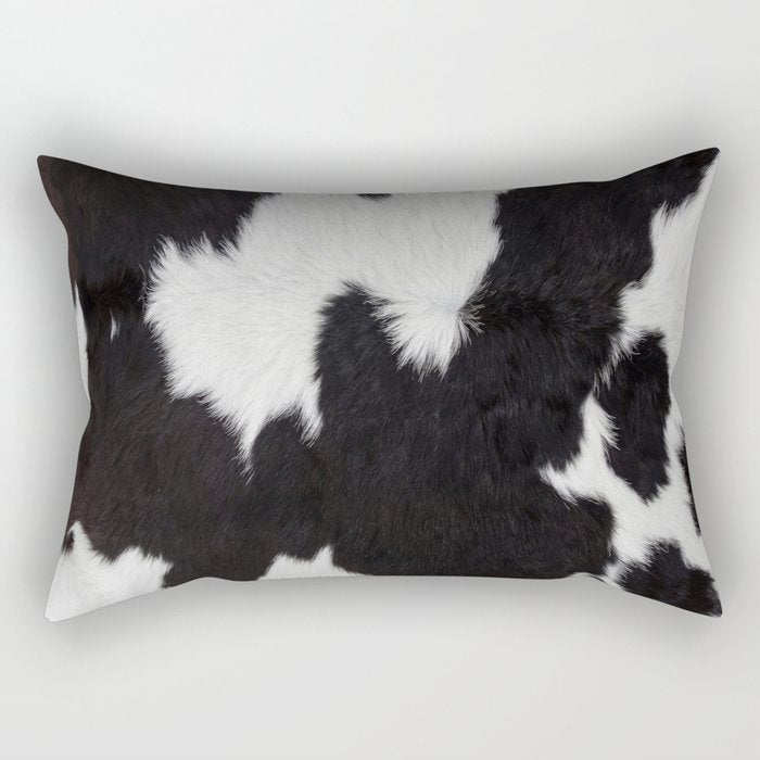 Black Cowhide, Cow Skin Print Pattern, Modern Cowhide Faux Leather Rectangular Pillow Gallery Image 1
