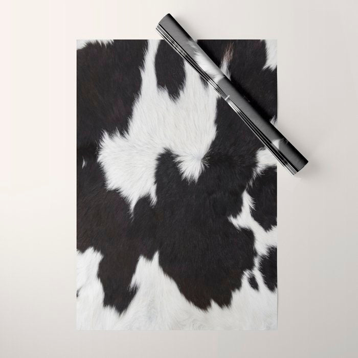 Black Cowhide, Cow Skin Print Pattern, Modern Cowhide Faux Leather Wrapping Paper Gallery Image 1