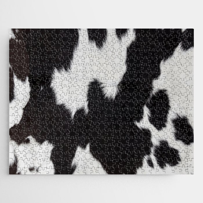 Black Cowhide, Cow Skin Print Pattern, Modern Cowhide Faux Leather Jigsaw Puzzle Gallery Image 1