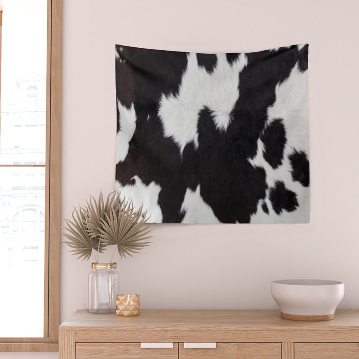 Black Cowhide, Cow Skin Print Pattern, Modern Cowhide Faux Leather Wall Tapestry Gallery Image 2