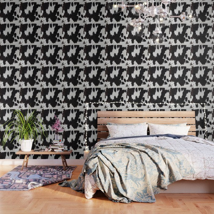 Black Cowhide, Cow Skin Print Pattern, Modern Cowhide Faux Leather Wallpaper Gallery Image 1