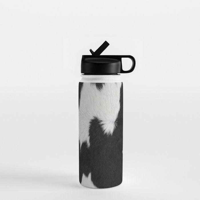 Black Cowhide, Cow Skin Print Pattern, Modern Cowhide Faux Leather Water Bottle Gallery Image 1