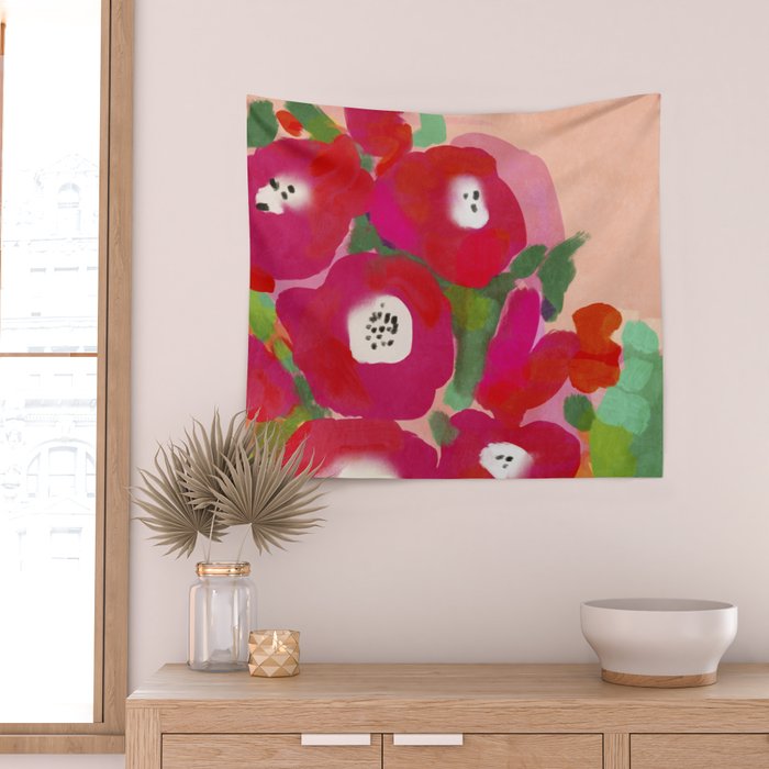 Red Pink Abstract Minimal Floral Wall Tapestry Gallery Image 2