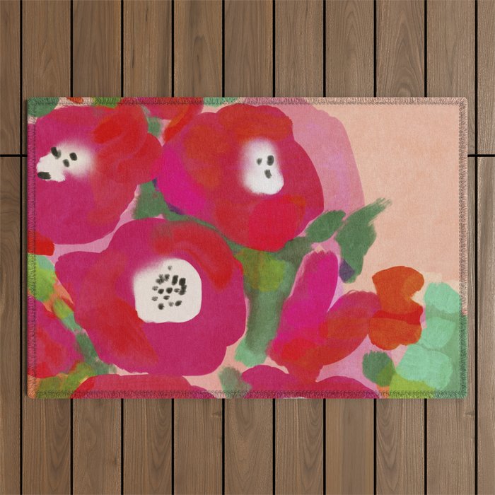 Red Pink Abstract Minimal Floral Outdoor Rug Gallery Image 1