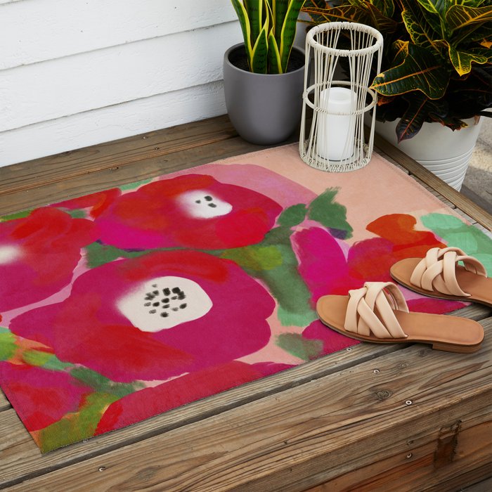 Red Pink Abstract Minimal Floral Outdoor Rug Gallery Image 2
