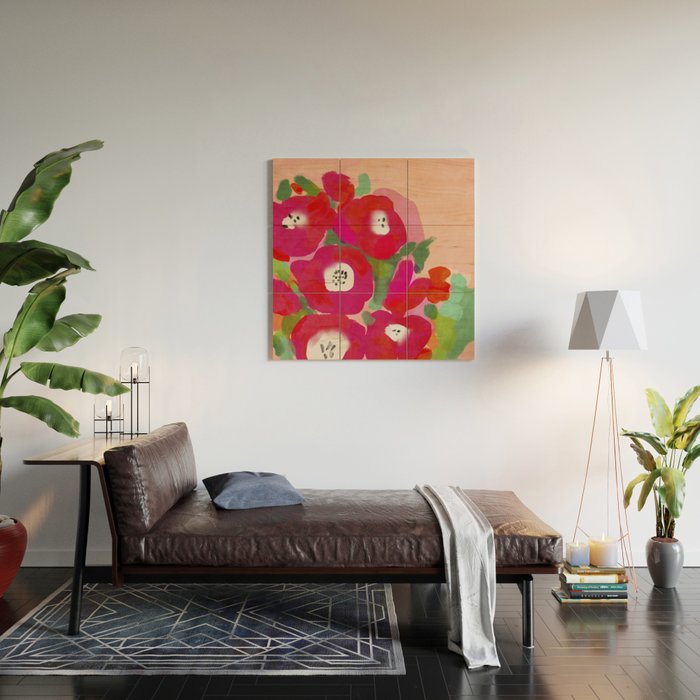 Red Pink Abstract Minimal Floral Wood Wall Art Gallery Image 2