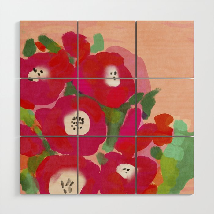Red Pink Abstract Minimal Floral Wood Wall Art Gallery Image 1