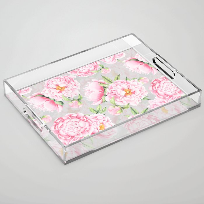 Hygge Blush Pink Peonies Pattern On Gray Acrylic Tray Gallery Image 1