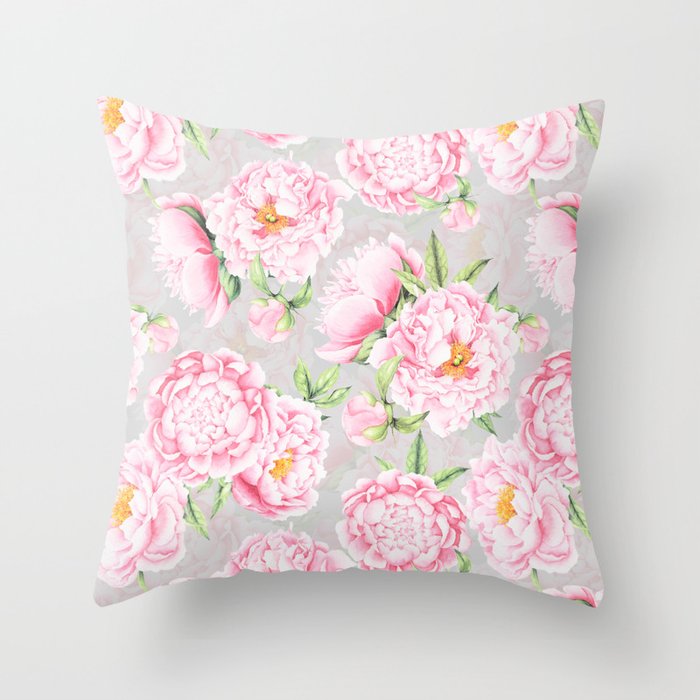 Hygge Blush Pink Peonies Pattern On Gray Throw Pillow Gallery Image 1