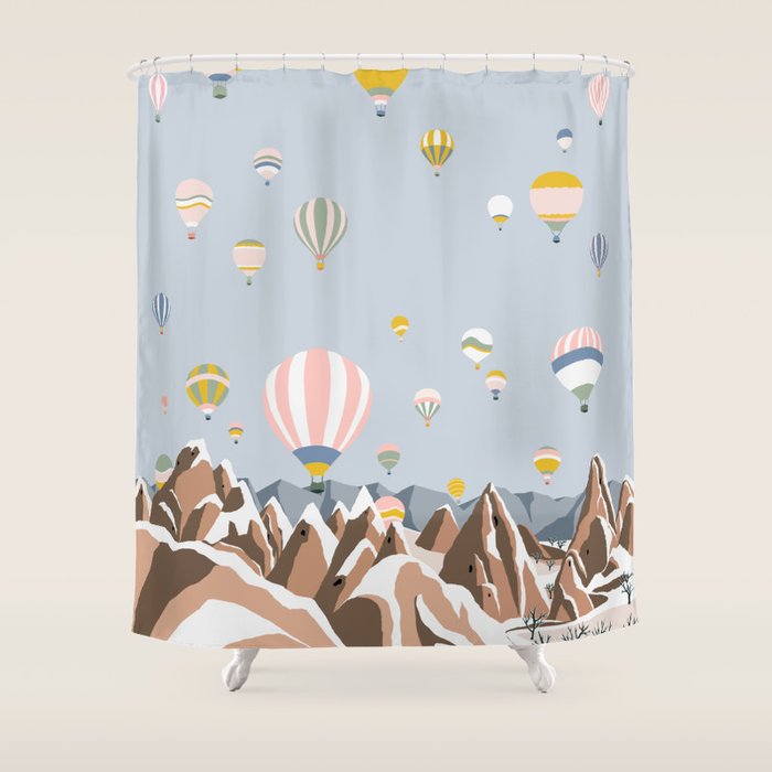 Hot air balloons over snowy mountains Shower Curtain Gallery Image 1