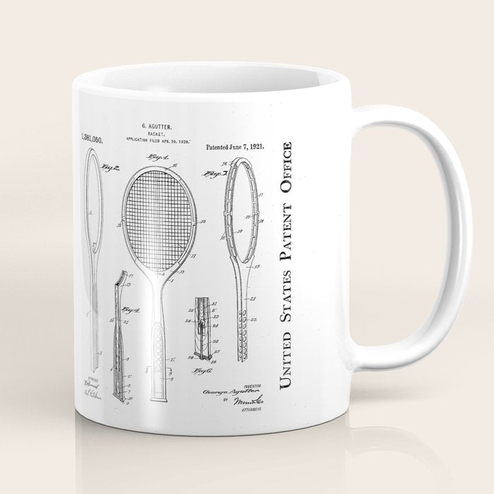 Tennis Racket Patent - Tennis Lover Coach Player Fan Art - White Coffee Mug Gallery Image 1