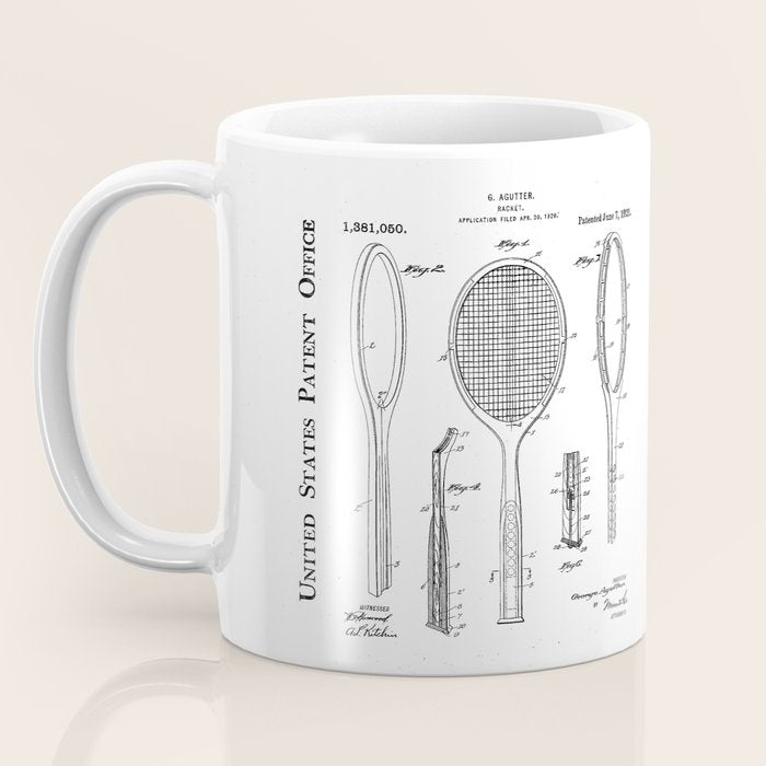 Tennis Racket Patent - Tennis Lover Coach Player Fan Art - White Coffee Mug Gallery Image 3