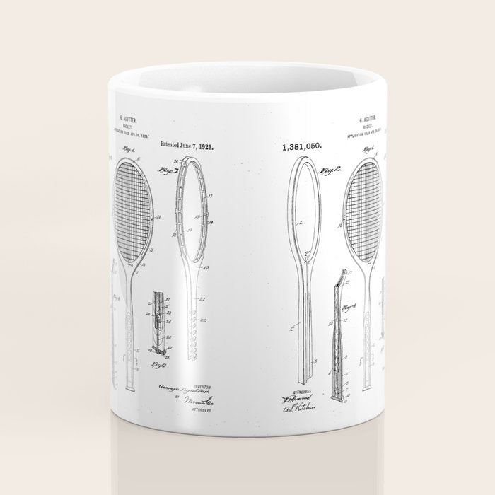 Tennis Racket Patent - Tennis Lover Coach Player Fan Art - White Coffee Mug Gallery Image 4
