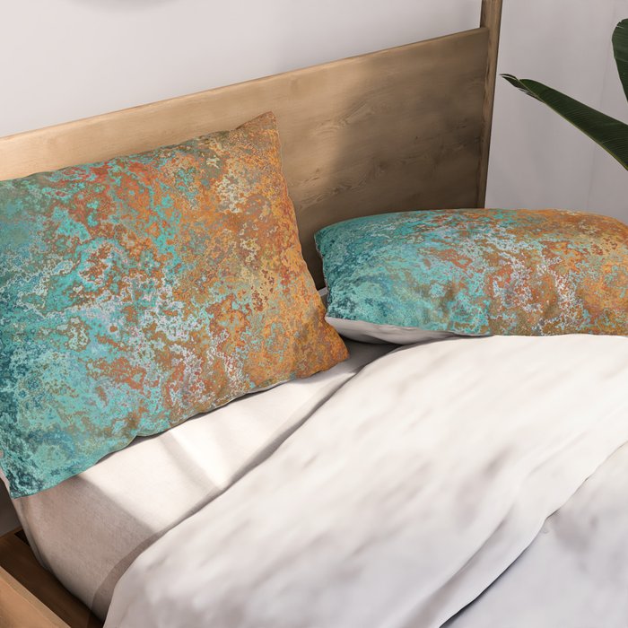 Vintage Teal and Copper Rust Pillow Sham Gallery Image 2