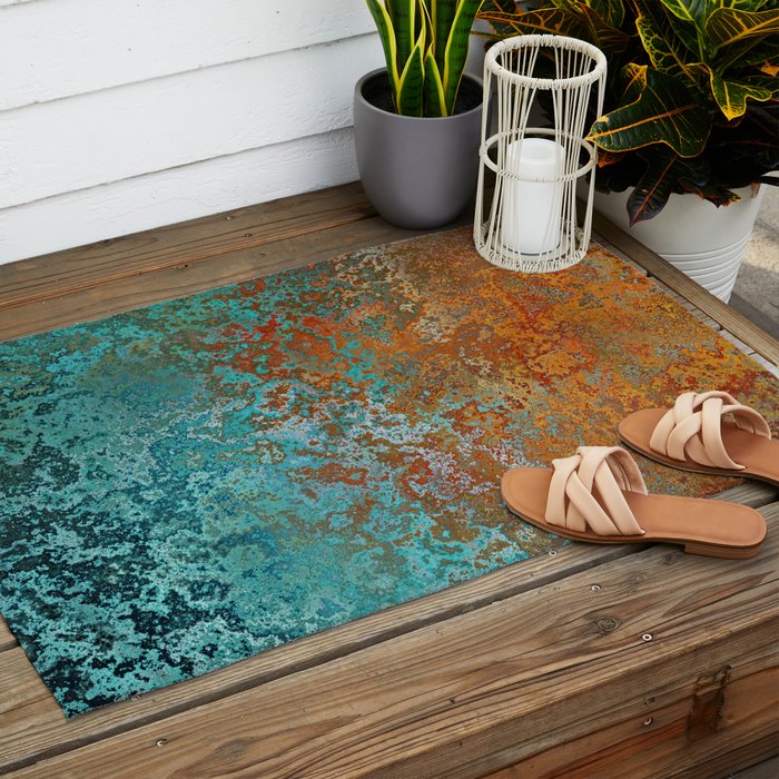 Vintage Teal and Copper Rust Outdoor Rug Gallery Image 2