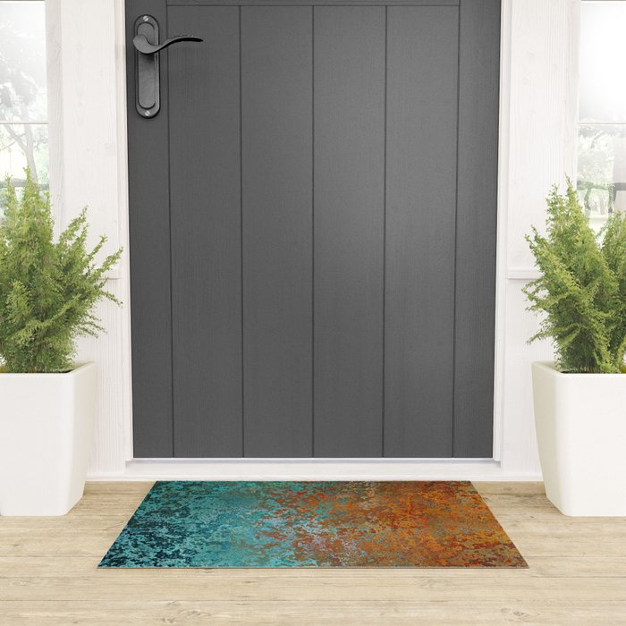Vintage Teal and Copper Rust Welcome Mat Gallery Image 3