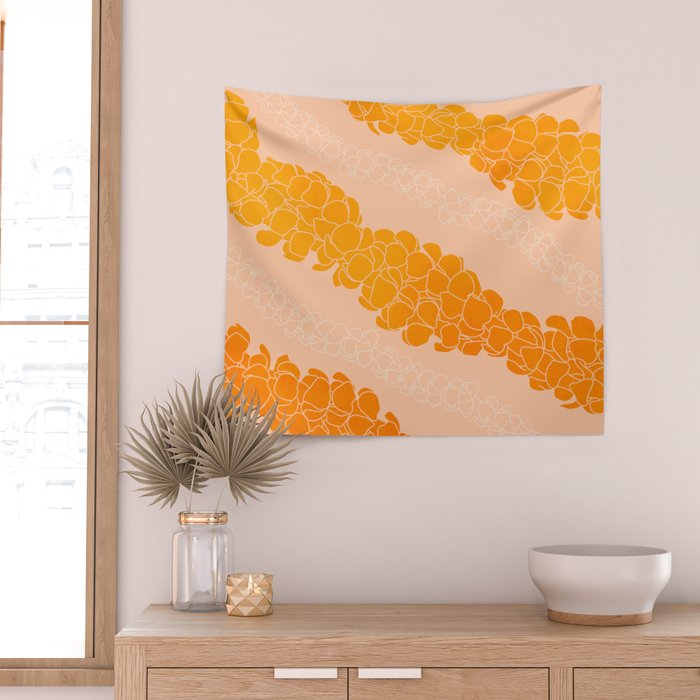 Puakenikeni leis on coral pink Wall Tapestry Gallery Image 2