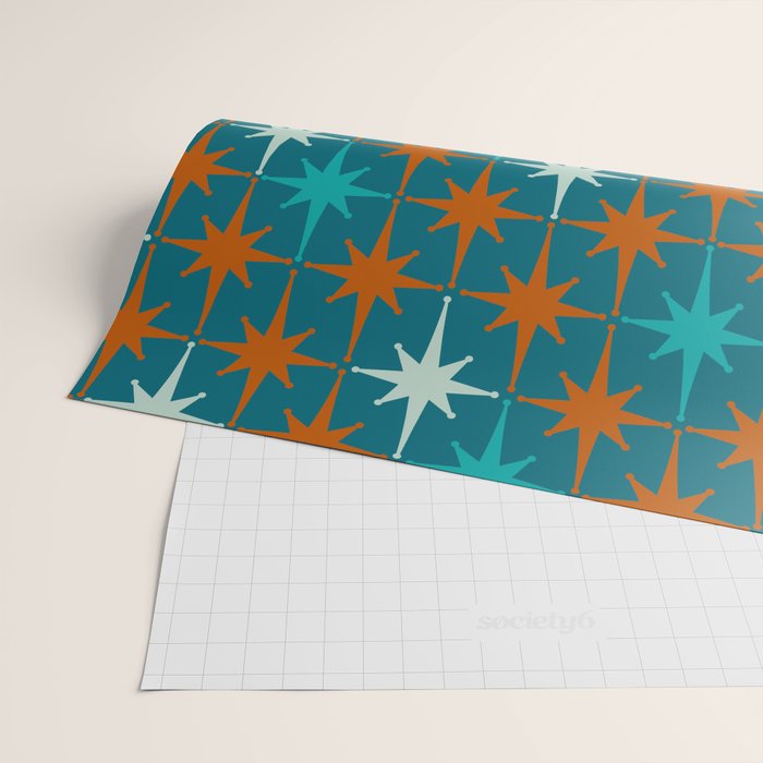 Atomic Age 1950s Starburst Pattern in Mid-Century Modern Turquoise, Rust, Teal Wrapping Paper Gallery Image 2