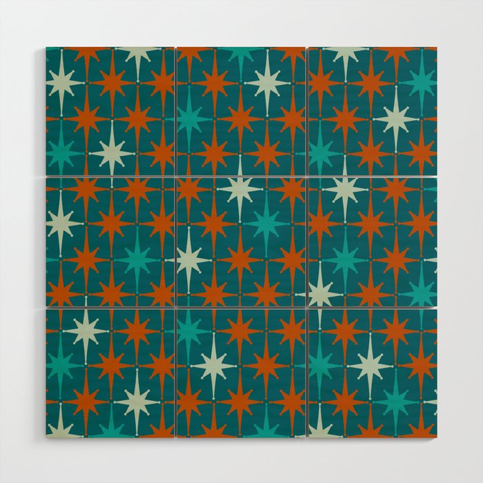 Atomic Age 1950s Starburst Pattern in Mid-Century Modern Turquoise, Rust, Teal Wood Wall Art Gallery Image 1