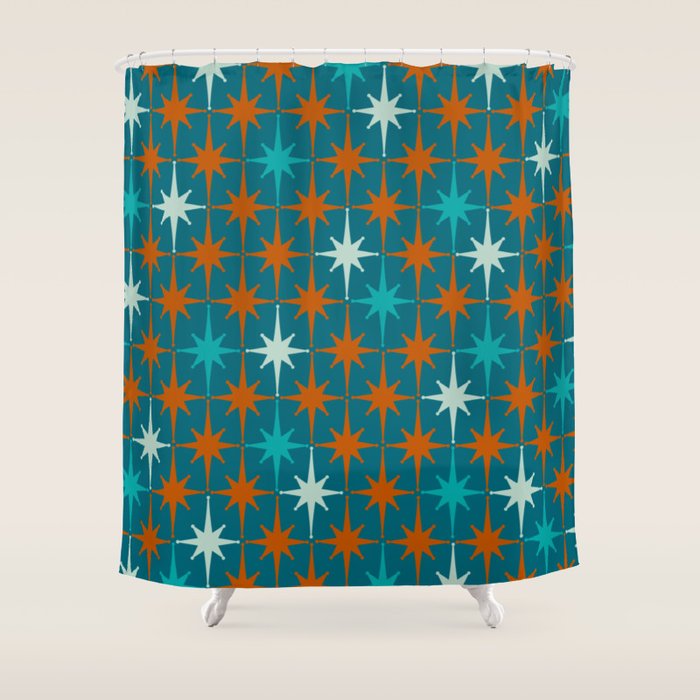 Atomic Age 1950s Starburst Pattern in Mid-Century Modern Turquoise, Rust, Teal Shower Curtain Gallery Image 1