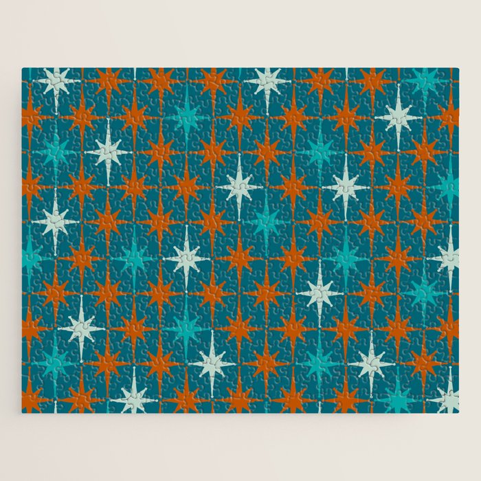Atomic Age 1950s Starburst Pattern in Mid-Century Modern Turquoise, Rust, Teal Jigsaw Puzzle Gallery Image 1