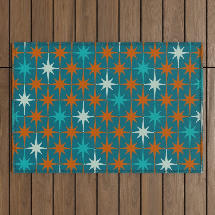 Atomic Age 1950s Starburst Pattern in Mid-Century Modern Turquoise, Rust, Teal Outdoor Rug Gallery Image 1
