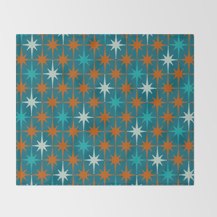 Atomic Age 1950s Starburst Pattern in Mid-Century Modern Turquoise, Rust, Teal Throw Blanket Gallery Image 2