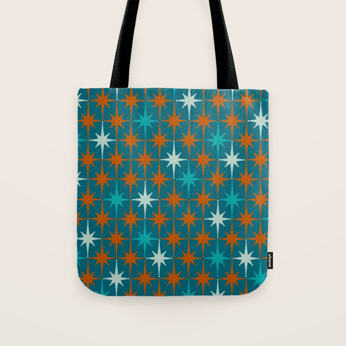 Atomic Age 1950s Starburst Pattern in Mid-Century Modern Turquoise, Rust, Teal Tote Bag Gallery Image 1