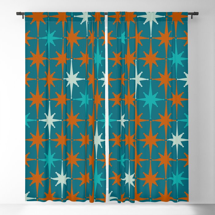 Atomic Age 1950s Starburst Pattern in Mid-Century Modern Turquoise, Rust, Teal Window Curtain Gallery Image 5