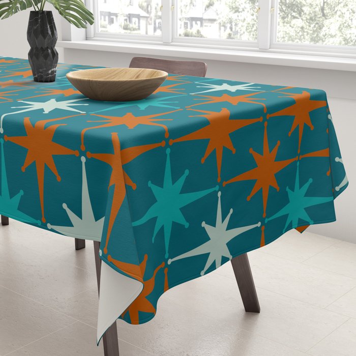 Atomic Age 1950s Starburst Pattern in Mid-Century Modern Turquoise, Rust, Teal Tablecloth Gallery Image 3
