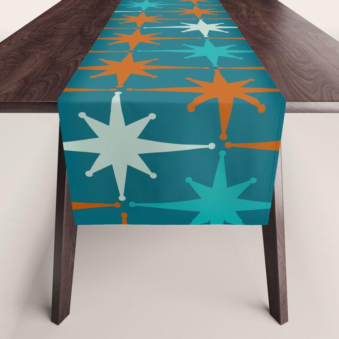 Atomic Age 1950s Starburst Pattern in Mid-Century Modern Turquoise, Rust, Teal Table Runner Gallery Image 1