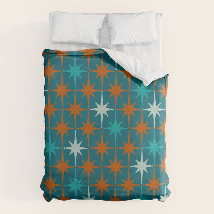 Atomic Age 1950s Starburst Pattern in Mid-Century Modern Turquoise, Rust, Teal Duvet Cover Gallery Image 1