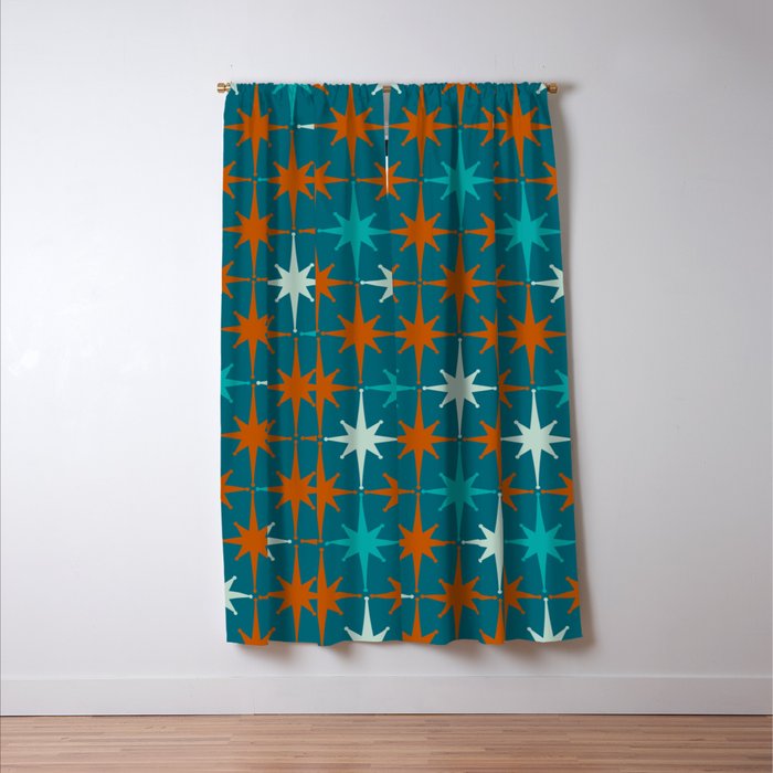 Atomic Age 1950s Starburst Pattern in Mid-Century Modern Turquoise, Rust, Teal Window Curtain Gallery Image 3