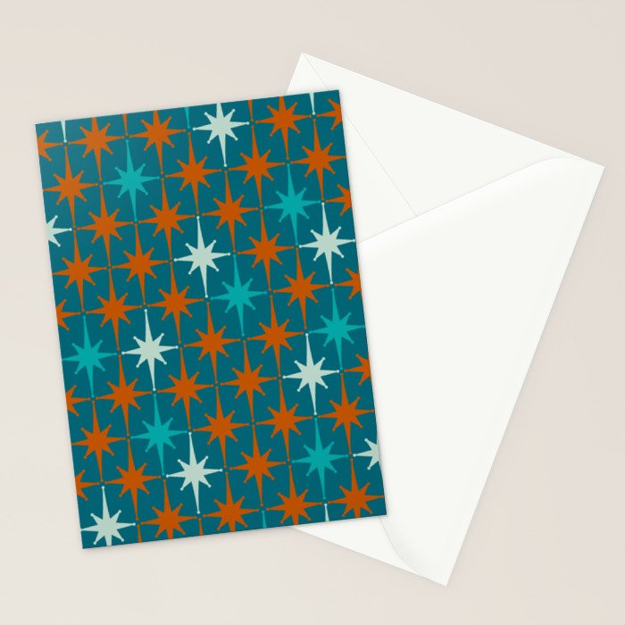 Atomic Age 1950s Starburst Pattern in Mid-Century Modern Turquoise, Rust, Teal Stationery Card Gallery Image 2