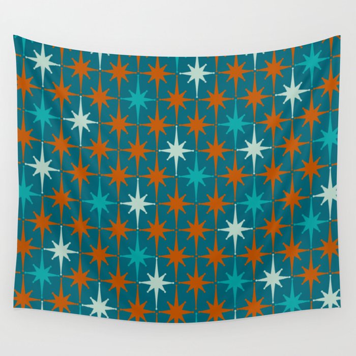 Atomic Age 1950s Starburst Pattern in Mid-Century Modern Turquoise, Rust, Teal Wall Tapestry Gallery Image 1