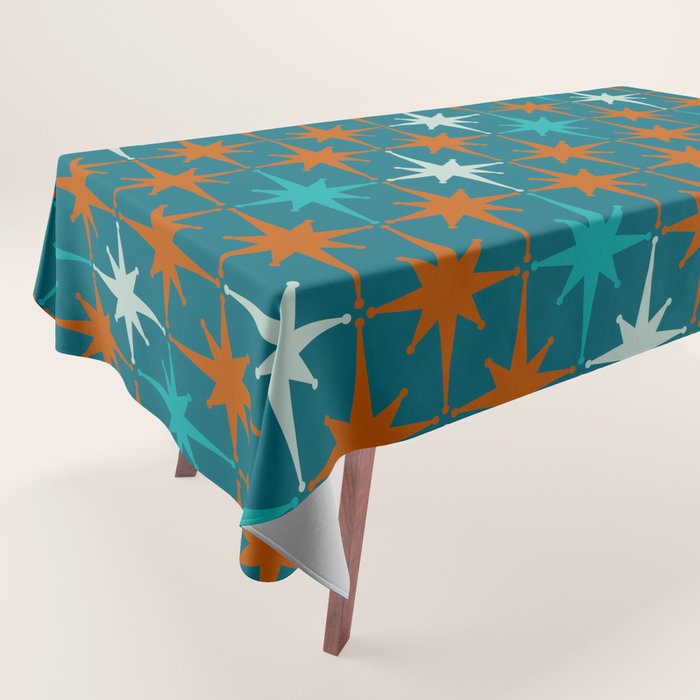 Atomic Age 1950s Starburst Pattern in Mid-Century Modern Turquoise, Rust, Teal Tablecloth Gallery Image 1