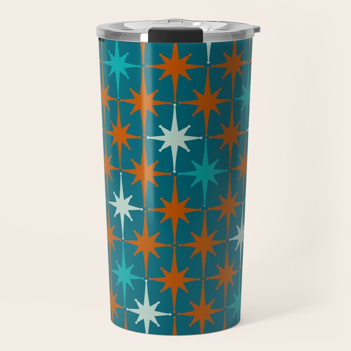 Atomic Age 1950s Starburst Pattern in Mid-Century Modern Turquoise, Rust, Teal Travel Mug Gallery Image 1