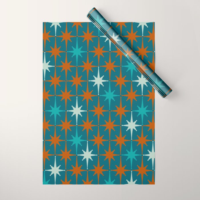 Atomic Age 1950s Starburst Pattern in Mid-Century Modern Turquoise, Rust, Teal Wrapping Paper Gallery Image 1
