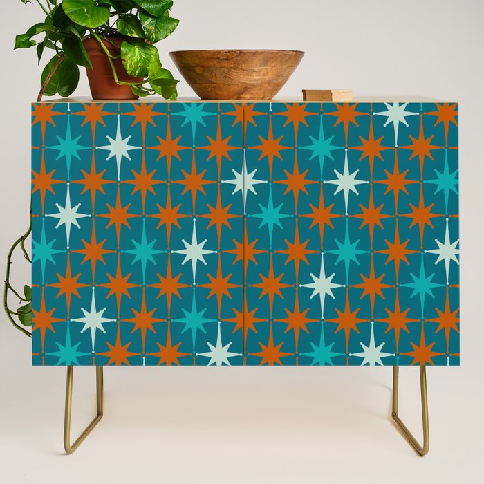 Atomic Age 1950s Starburst Pattern in Mid-Century Modern Turquoise, Rust, Teal Credenza Gallery Image 1