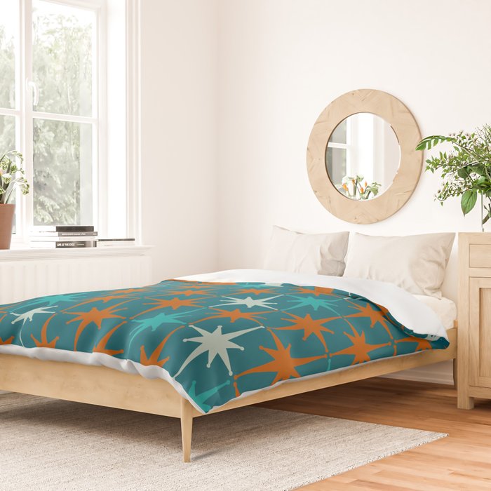 Atomic Age 1950s Starburst Pattern in Mid-Century Modern Turquoise, Rust, Teal Duvet Cover Gallery Image 2