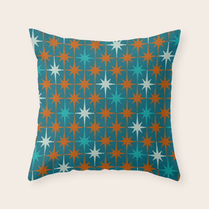 Atomic Age 1950s Starburst Pattern in Mid-Century Modern Turquoise, Rust, Teal Throw Pillow Gallery Image 6