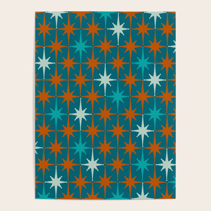 Atomic Age 1950s Starburst Pattern in Mid-Century Modern Turquoise, Rust, Teal Poster Gallery Image 1